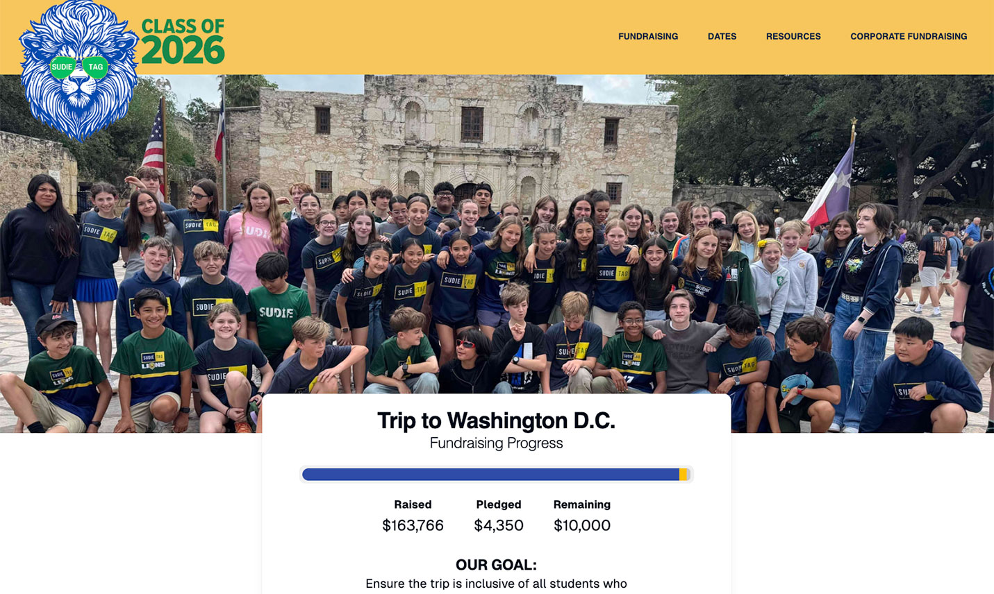 Screenshot of the Sudie Class of 2026 website